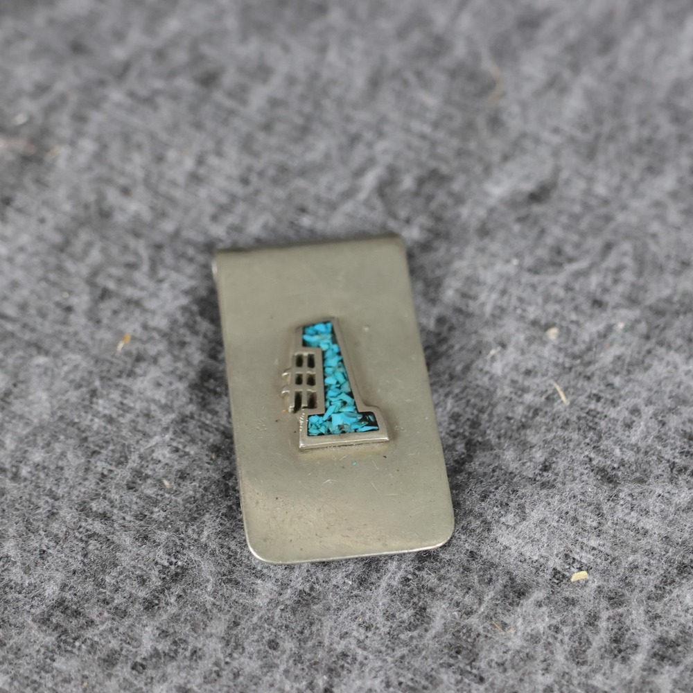 Turquoise Stone Inlay Mens Money Clip Silver Tone Bar Southwestern Jewelry Style